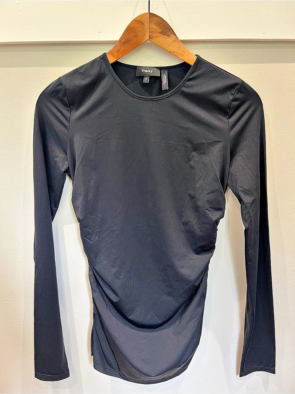 Theory Ruched LS Shell Ruched Long Sleeve Top in Black Size Small